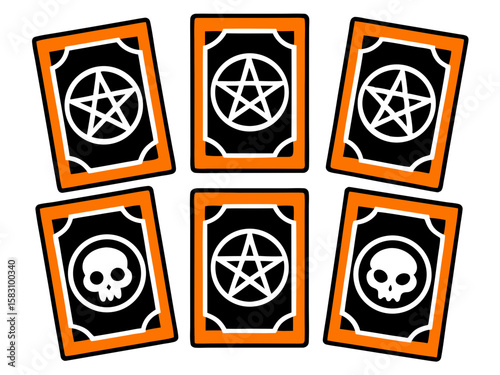 Mysterious tarot cards featuring pentagrams and skulls with orange borders
