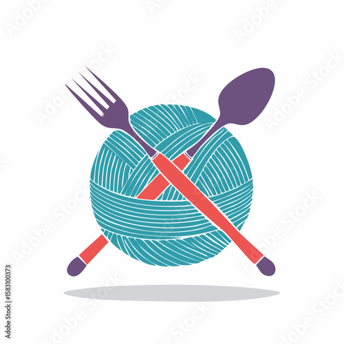 Ball of yarn with fork and spoon needles creating a craft or knitting theme