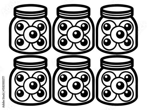 Six jars filled with spooky eyeballs for halloween decorations