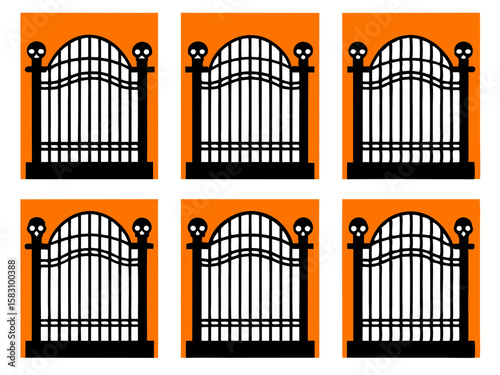 Spooky halloween black gates with skull decorations on orange background