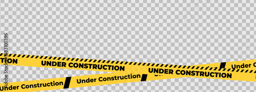 Under construction yellow warning tape safety stripe. Caution barrier stripe for safety zone, blocked area, website page, road work, site maintenance, redesign progress. Vector illustration.