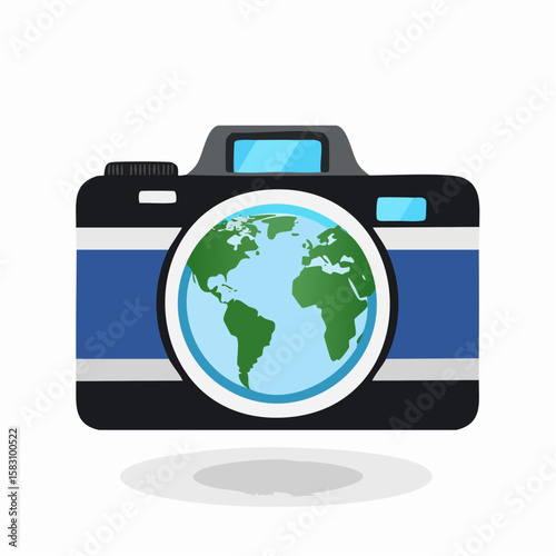 Globe lens on camera body for travel photography concept in daytime