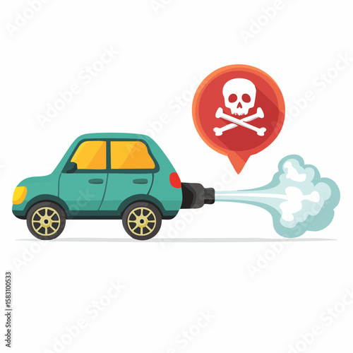 Cartoon car emits skull and crossbones shaped exhaust smoke from tailpipe