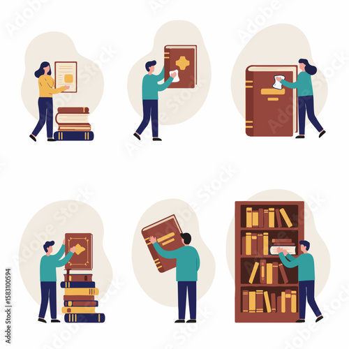 People interacting with books in a library setting, illustrating education, learning, and the pursuit of knowledge.