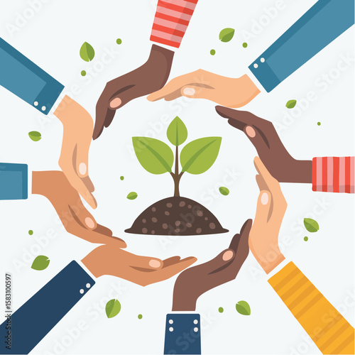 Group of people collaboratively nurturing a sapling, building a positive future