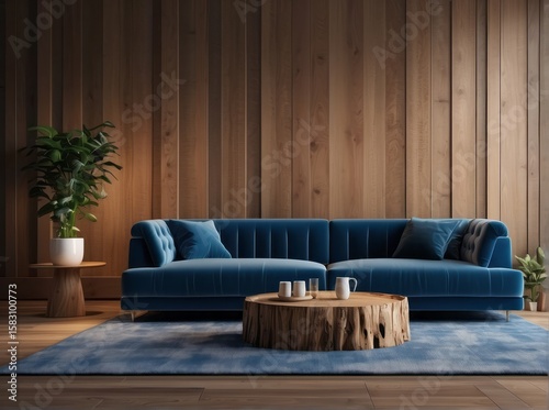 Vivid blue velvet sofa and stump coffee table. Interior design of modern living room