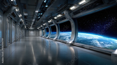 This futuristic corridor features sleek metallic walls and large windows showcasing a breathtaking view of Earth surrounded by a starry cosmic expanse, merging technology with the beauty of space.
