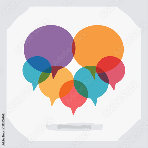 Colorful speech bubbles compose a heart shape against a white background