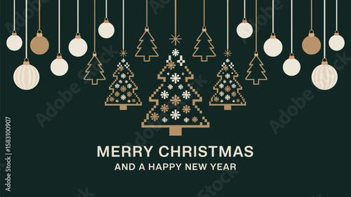 Minimalist Christmas greeting card with dark forest green background, white and gold hanging ornaments arranged horizontally, elegant festive design, modern holiday decor, simple and stylish seasonal 