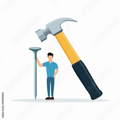 Metaphor of self improvement where a Man stands near large Nail and Hammer