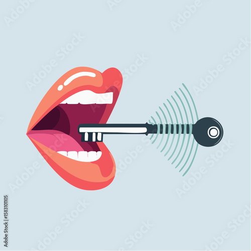 Human mouth speaking with key shaped sound waves conveying access