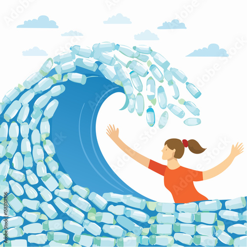 Human tries to hold back a wave of plastic bottles representing pollution