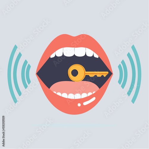 Human mouth with key inside and sound waves indicating talking or speaking