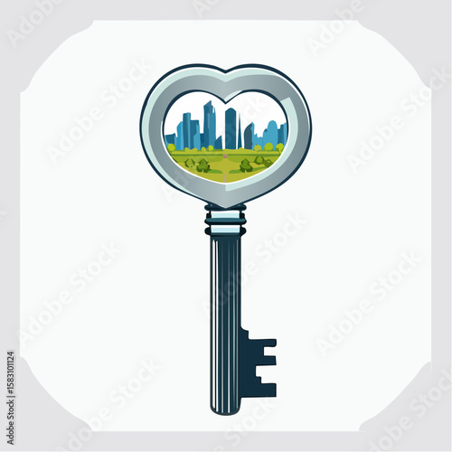 Silver key with a heart shaped head containing a city skyline view
