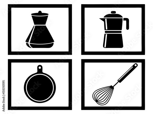 Black and white icons of kitchen utensils and appliances