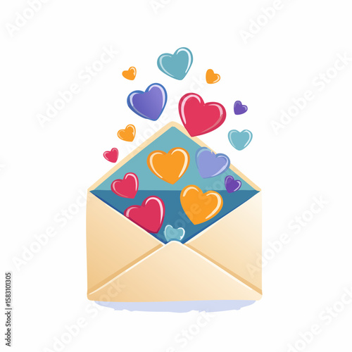 Opened envelope releasing a colorful stream of hearts upward