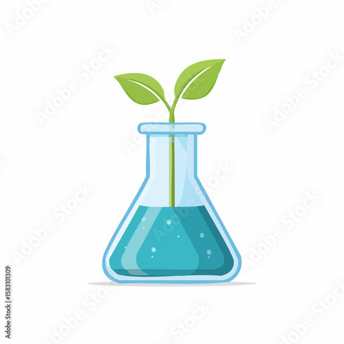 Green sprout growing inside lab beaker with blue liquid and air bubbles