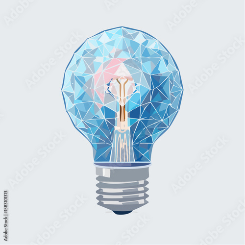 Lightbulb constructed from an intricate geometric crystal on plain background
