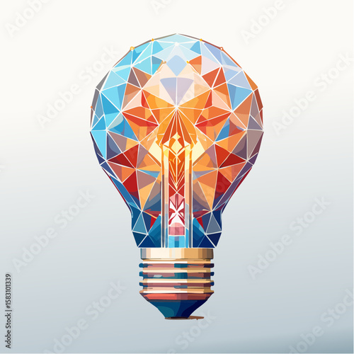 Crystal lightbulb composed of many geometric shapes on grey background