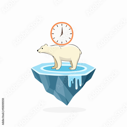 Polar bear standing on melting ice clock time piece illustration