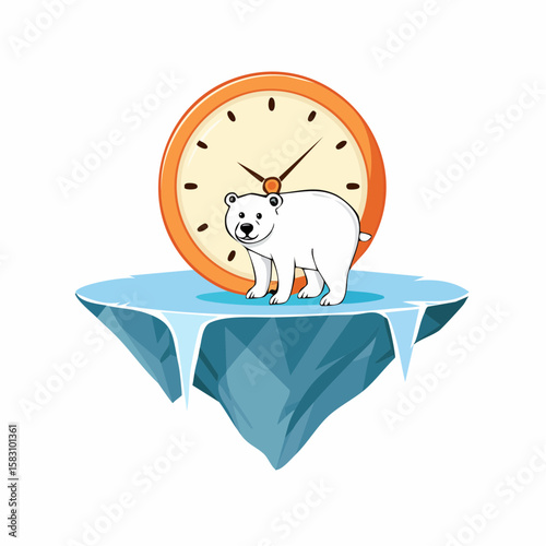Polar Bear on melting ice shaped like clock face, facing future