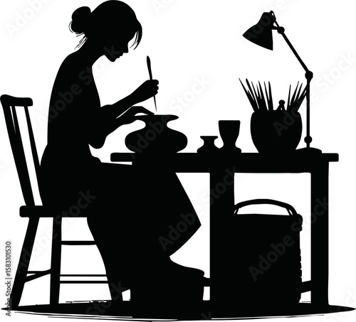 Silhouette of handcraft artist working isolated vector style on white background