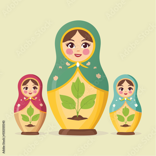 Matryoshka dolls illustrate growth from seed to tree concept