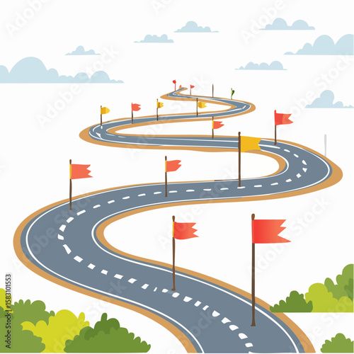 Winding Road Project Timeline with Milestone Flags toward Future Goals