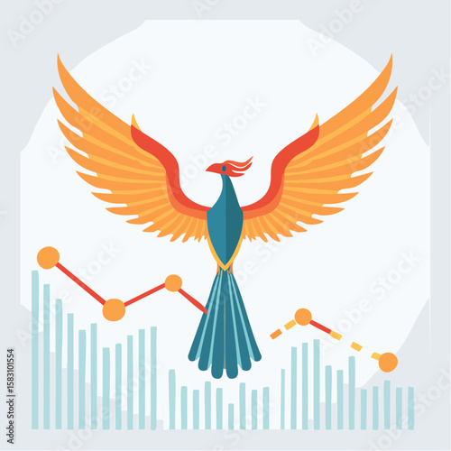 Bird ascending above charts symbolizes financial market growth and recovery
