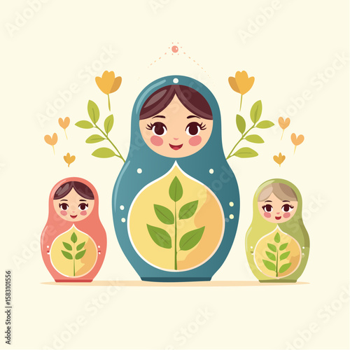 Matryoshka dolls show a growing plant from seed to full tree