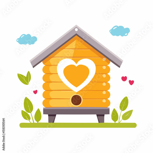 Bee hive with heart shaped entrance in calm outdoor spring Day