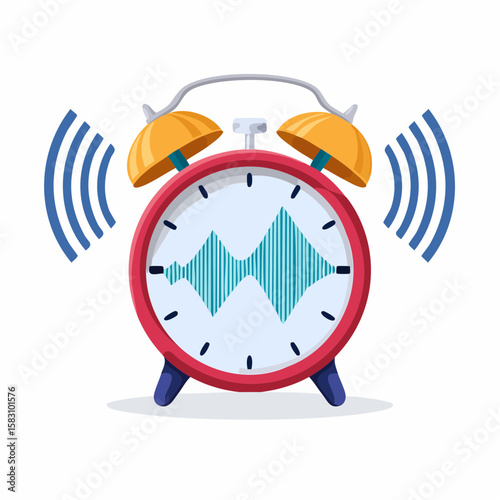 Ringing alarm clock with visible upward trending sound waves
