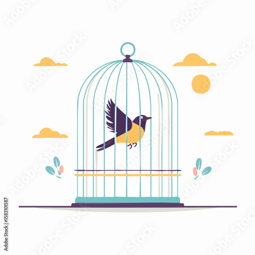 Bird gaining Freedom escaping from rigid Cage indoors during Daytime