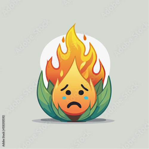Sad fire crying near greenery in the forest 