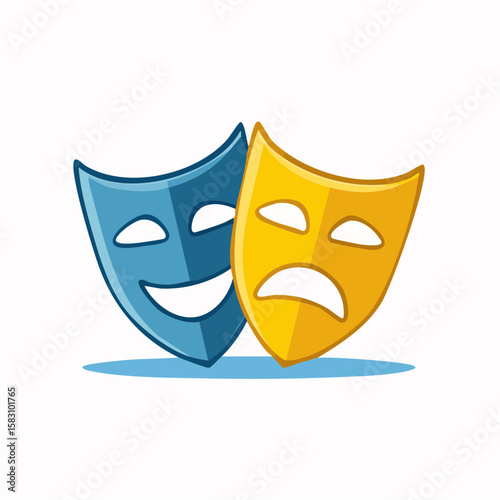 Comedy and tragedy masks showcase happy and sad emotions facing similar directions
