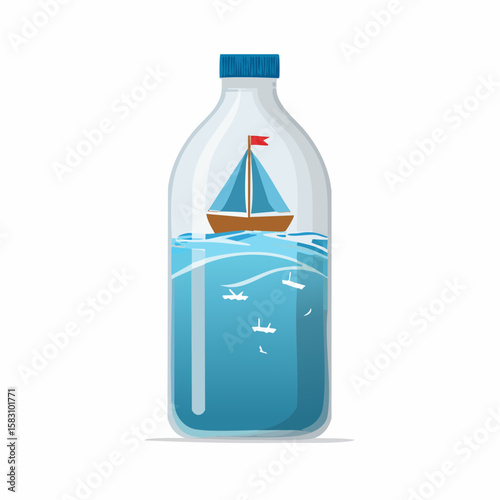 Plastic bottle contains miniature sailboat symbolizing ocean plastic pollution