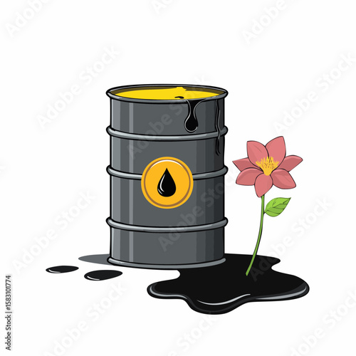 Oil drum leaking substance affecting growth of nearby flower