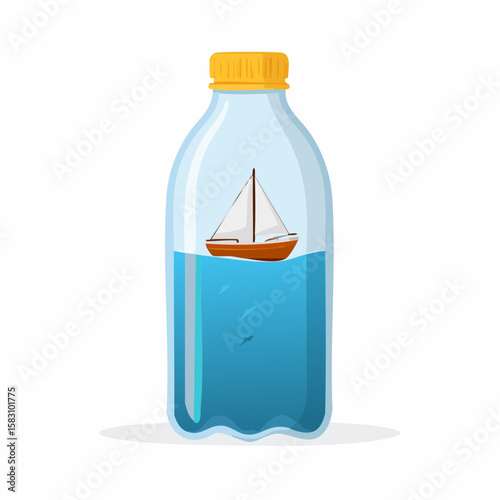 Ship inside plastic bottle represents ocean pollution problem
