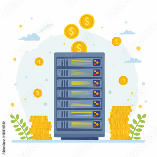 Server tower dispensing coins, business opportunity and passive income