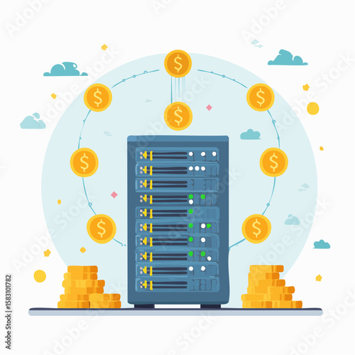 Server tower dispenses currency, with coins flowing and piling up
