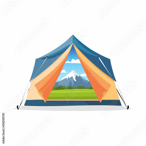 Camping tent offers an amazing vista of a scenic Mountain in the distance