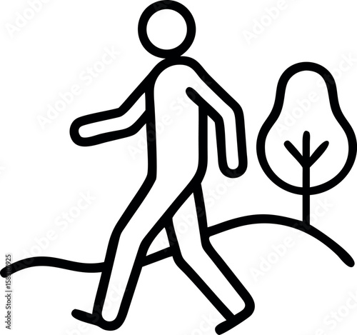 Simple line art of a person walking in a meadow with a tree