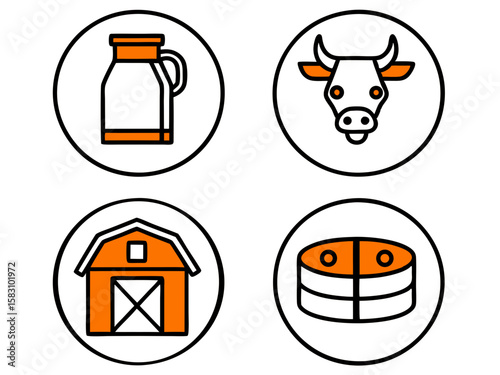 Farm life icons milk cow barn and cheese on an white background