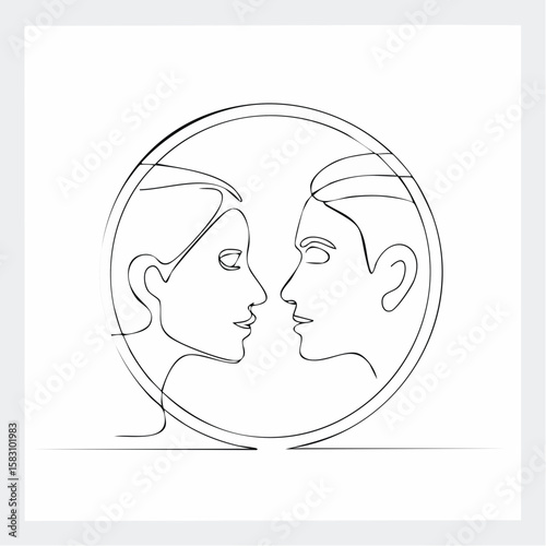 Continuous line drawing of two faces looking at each other in a circle