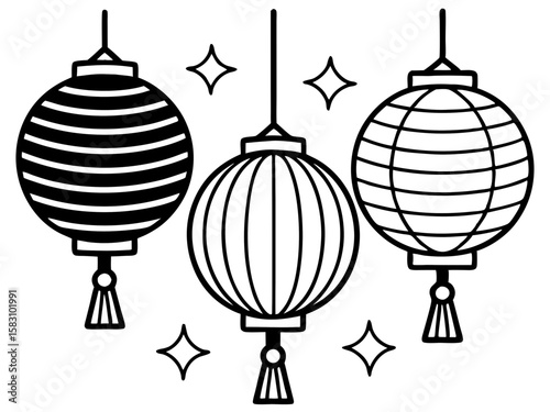 Three decorative hanging lanterns with sparkles in black and white