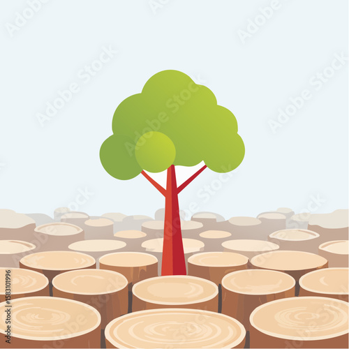 Lone green tree stands among many tree stumps in deforested area