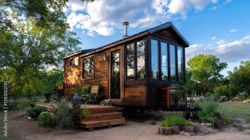 Obraz premium Discover a charming modern tiny home, perfectly nestled among greenery, featuring large windows, a welcoming deck, and beautiful landscaping.