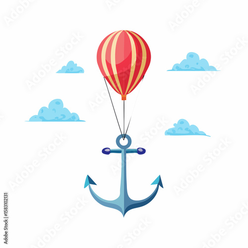 Anchor is floating Upward, Being Lifted by a Single balloon Over the Clouds