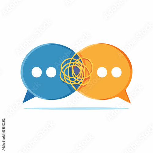Two speech bubbles overlapping with a knotted line representing communication issues