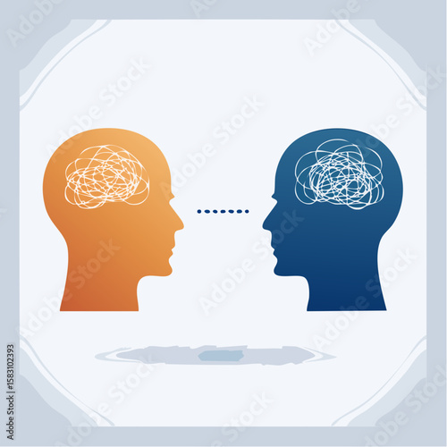 Two head silhouettes face each other with dotted connection and brain scribbles